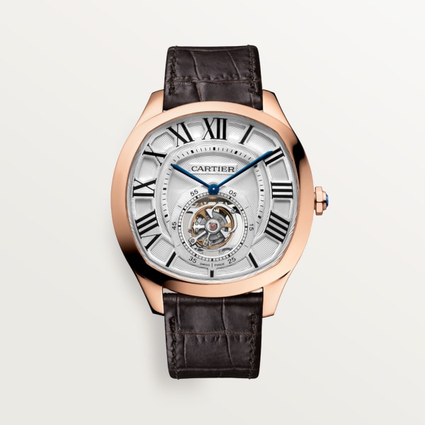 Drive de Cartier Flying Tourbillon watch Large model, hand-wound mechanical movement, rose gold, leather