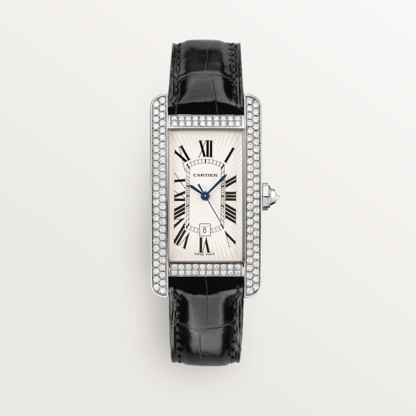 Tank Américaine watch Medium model, automatic movement, white gold, diamonds, leather