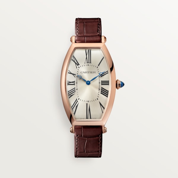 Tonneau watch Large model, hand-wound mechanical movement, rose gold, leather