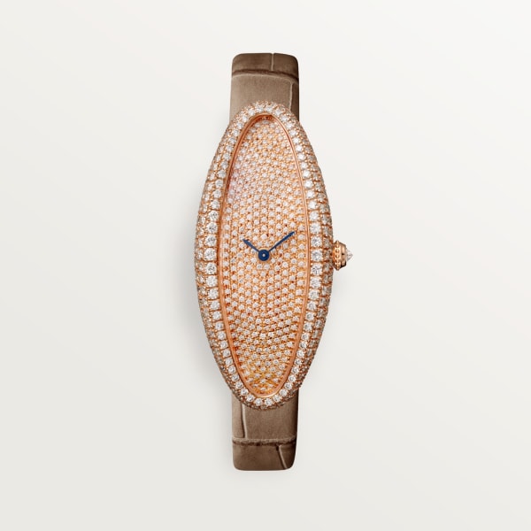 Baignoire Allongée watch Medium model, hand-wound mechanical movement, rose gold, diamonds