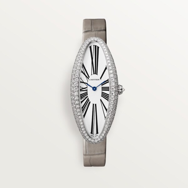 Baignoire Allongée watch Medium model, hand-wound mechanical movement, white gold, diamonds