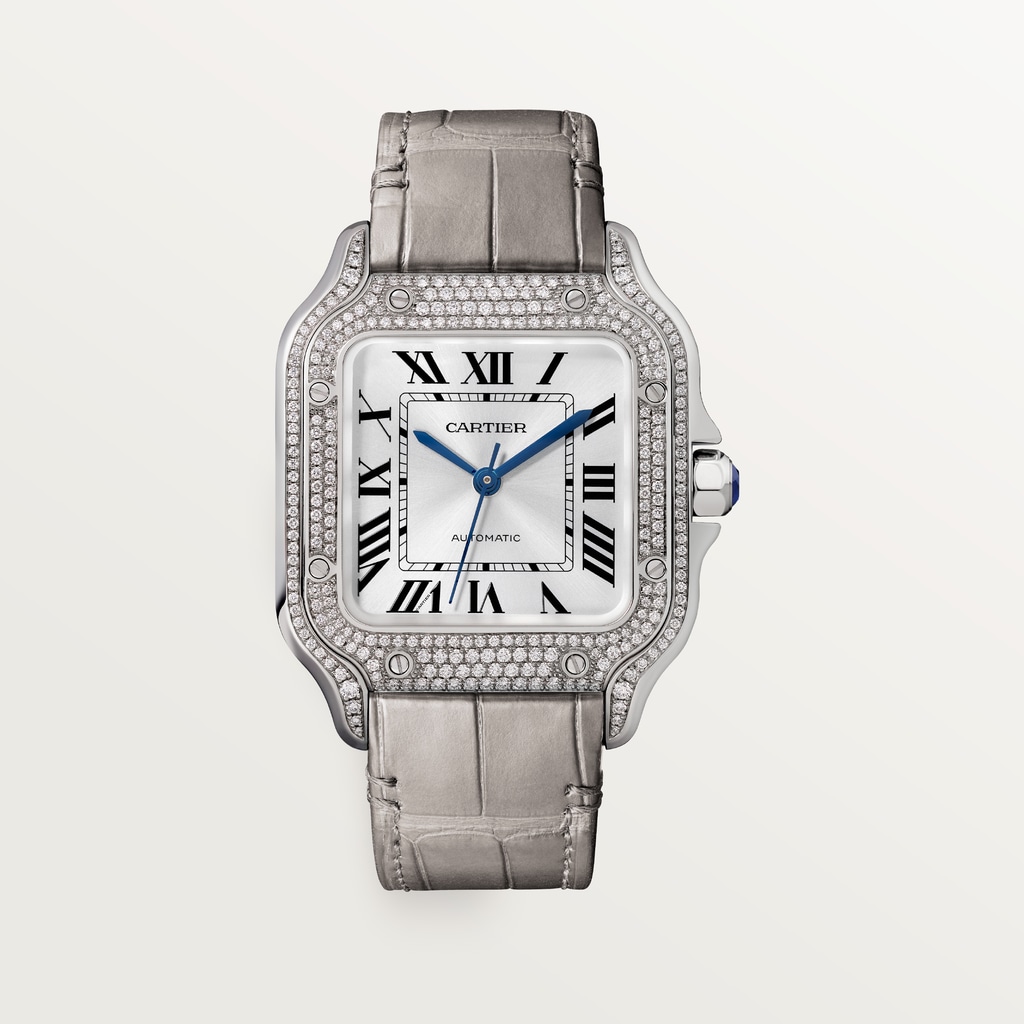 Santos de Cartier watchMedium model, automatic movement, white gold, diamonds, 2 interchangeable leather bracelets