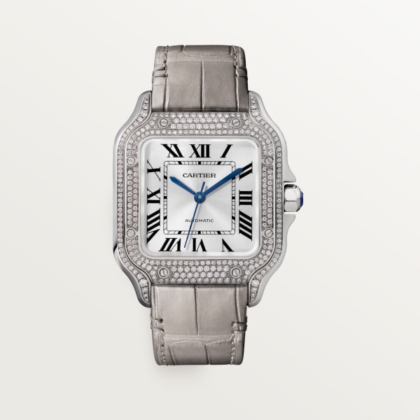 Santos de Cartier watch Medium model, automatic movement, white gold, diamonds, 2 interchangeable leather bracelets