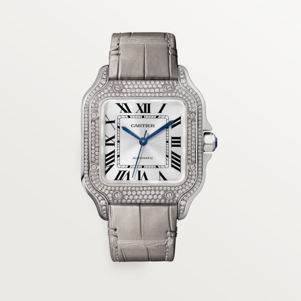 Santos de Cartier腕表 中号表款，自动机芯，18K白金，钻石，两条可替换式皮表带