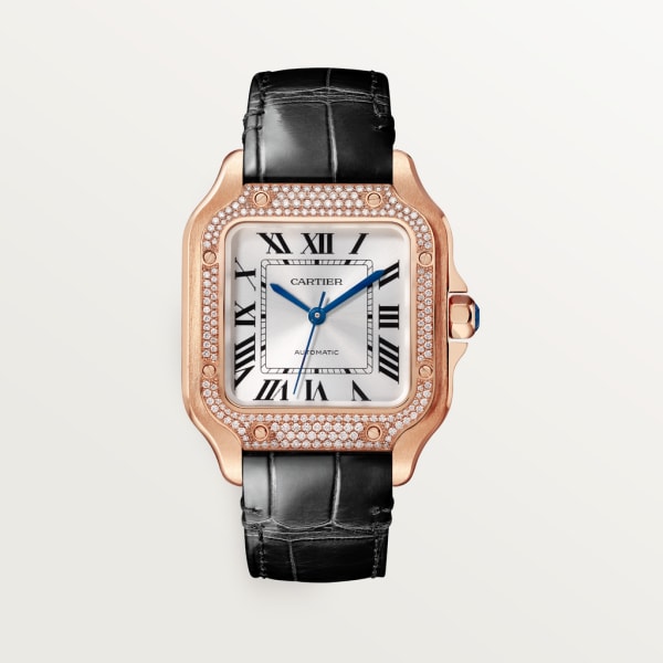 Santos de Cartier watch Medium model, automatic movement, rose gold, diamonds, 2 interchangeable leather bracelets