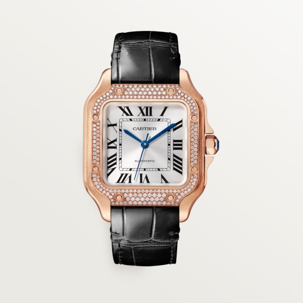 Santos de Cartier腕表 中号表款，自动机芯，18K玫瑰金，钻石，两条可替换式皮表带