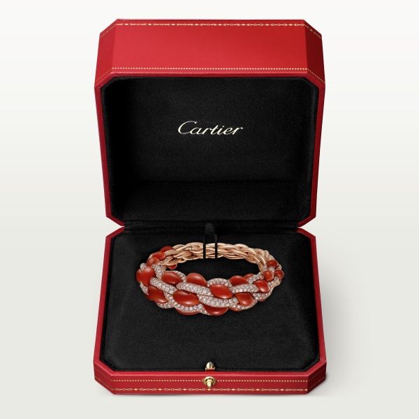 Cartier Libre Tressage手镯，珊瑚 玫瑰金，珊瑚，钻石