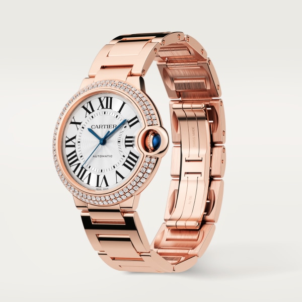 Ballon Bleu de Cartier watch 36 mm, mechanical movement with automatic winding, rose gold, diamonds