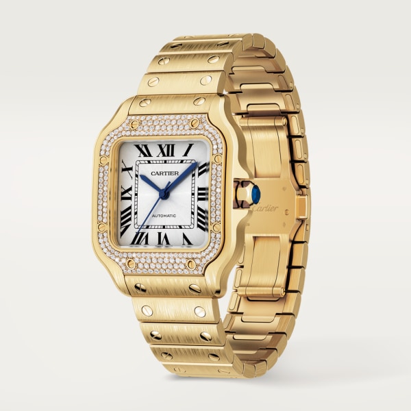 Santos de Cartier腕表 中号表款，自动机芯，18K黄金，钻石，可替换式金属表链与皮表带