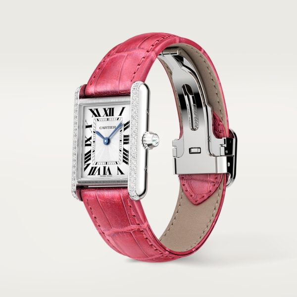 Tank Louis Cartier watch Small model, hand-wound mechanical movement, white gold, diamonds, leather