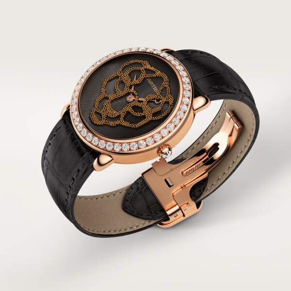 Révélation d'une Panthère watch 37mm, hand-wound mechanical movement, rose gold, diamonds, rose gold beads