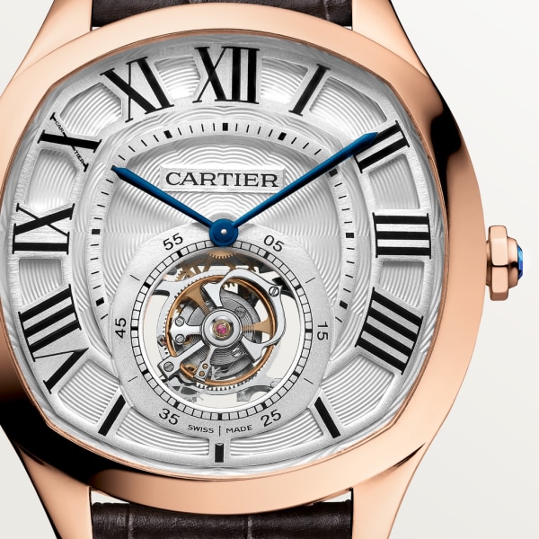 Drive de Cartier浮动式陀飞轮腕表 大号表款，18K玫瑰金，皮表带，蓝宝石