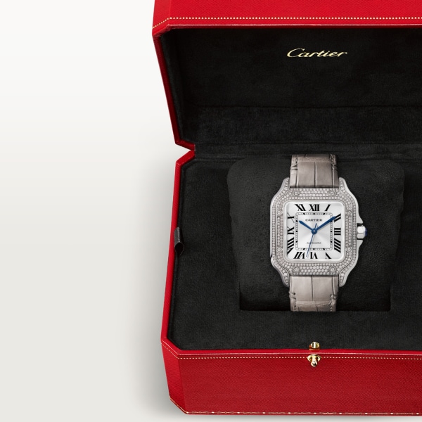 Santos de Cartier腕表 中号表款，自动机芯，18K白金，钻石，两条可替换式皮表带