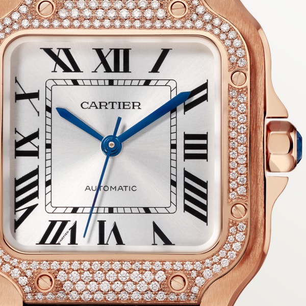 Santos de Cartier腕表 中号表款，自动机芯，18K玫瑰金，钻石，两条可替换式皮表带