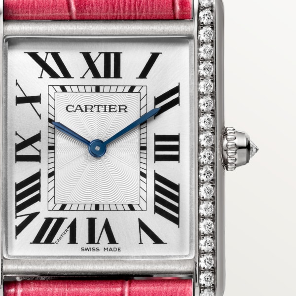 Tank Louis Cartier watch Large model, hand-wound mechanical movement, white gold, diamonds, leather