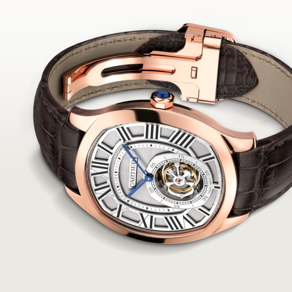 Drive de Cartier Flying Tourbillon watch Large model, hand-wound mechanical movement, rose gold, leather