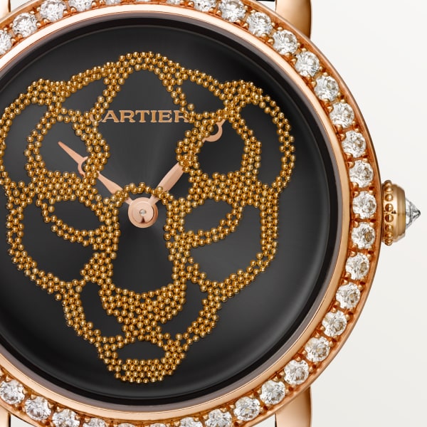 Révélation d'une Panthère watch 37mm, hand-wound mechanical movement, rose gold, diamonds, rose gold beads