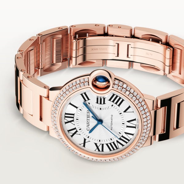 Ballon Bleu de Cartier watch 36 mm, mechanical movement with automatic winding, rose gold, diamonds