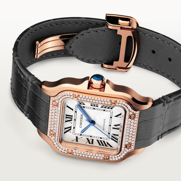 Santos de Cartier watch Medium model, automatic movement, rose gold, diamonds, 2 interchangeable leather bracelets