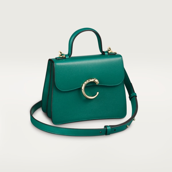 Top handle bag mini model, Panthère de Cartier Dark green calfskin, golden finish