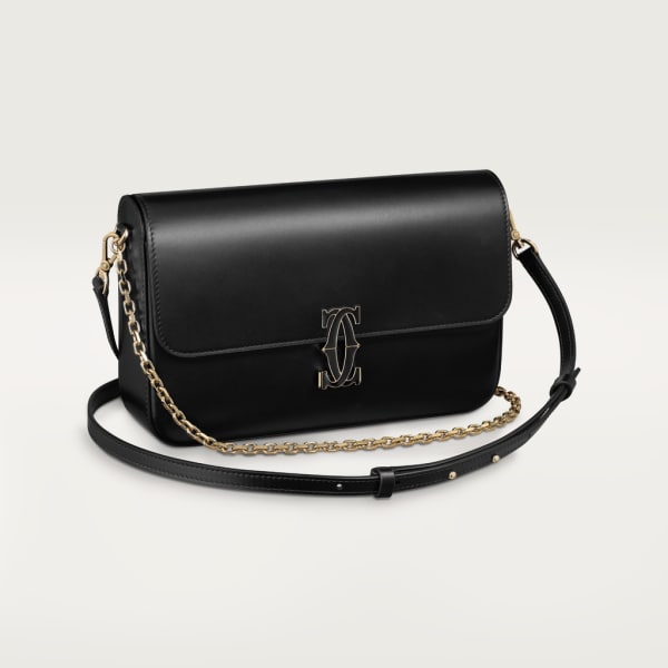 Small model chain bag, C de Cartier Black calfskin, gold and black enamel finish