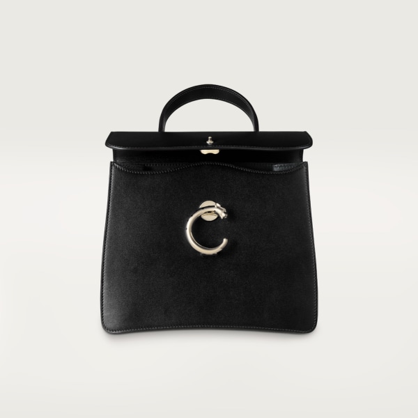 Top handle bag small model, Panthère de Cartier Black calfskin, gold finish