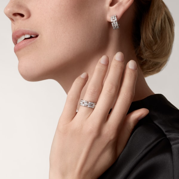 Maillon Panthère三排耳环，铺镶钻石 白金，钻石