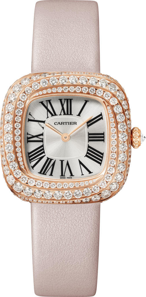 Coussin de Cartier腕表中号表款，石英机芯，玫瑰金，钻石，皮表带