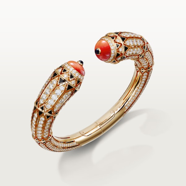 高级珠宝手镯 玫瑰金，珊瑚，缟玛瑙，黑漆，钻石