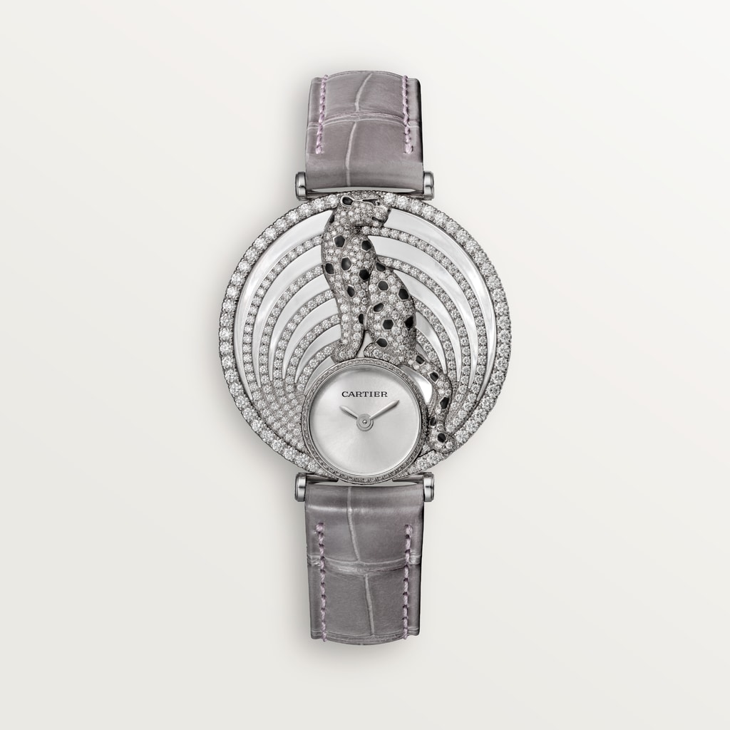 Panthère Jewelry Watch35mm, quartz movement, white gold, diamonds, leather