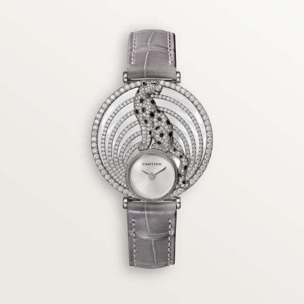 Panthère Jewelry Watch 35mm, quartz movement, white gold, diamonds, leather