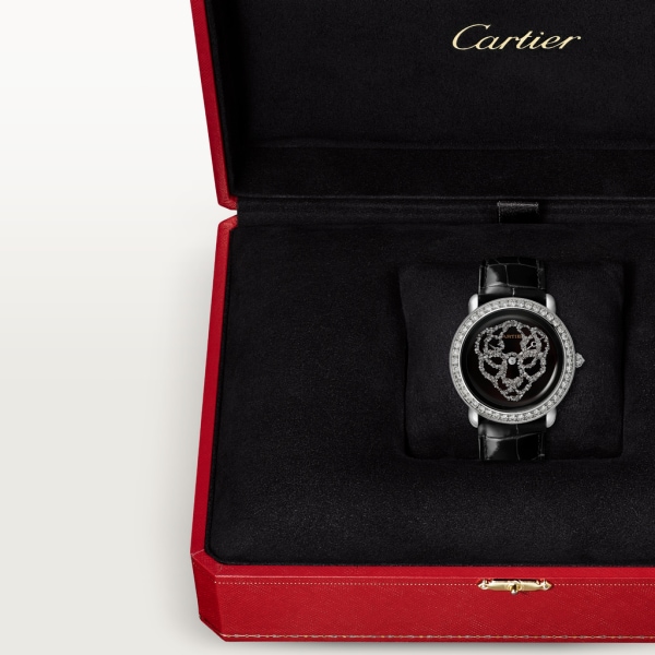 Révélation d'une Panthère watch 37 mm, rhodium-finish white gold, diamonds, leather