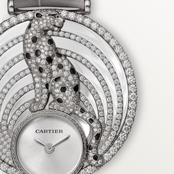Panthère Jewelry Watch 35mm, quartz movement, white gold, diamonds, leather