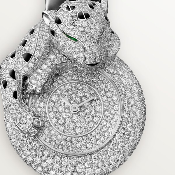 Joaillère Panthère 腕表 28.4毫米表款，镀铑18K白金，钻石，皮表带