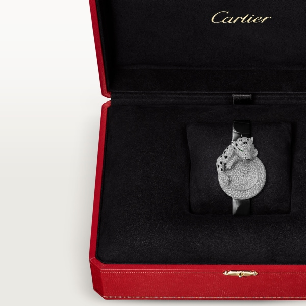 Joaillère Panthère 腕表 28.4毫米表款，镀铑18K白金，钻石，皮表带