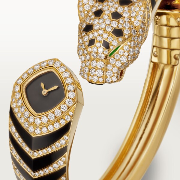 La Panthère de Cartier watch 18mm, quartz movement, yellow gold, diamonds, emeralds, lacquer