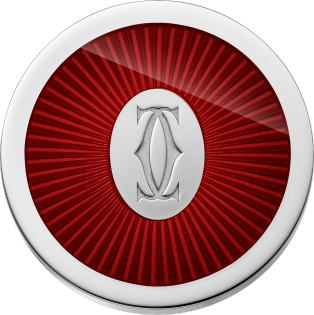 Double C de Cartier logo cufflinks with burgundy lacquer Sunray motif Sterling silver, palladium finish, burgundy lacquer.