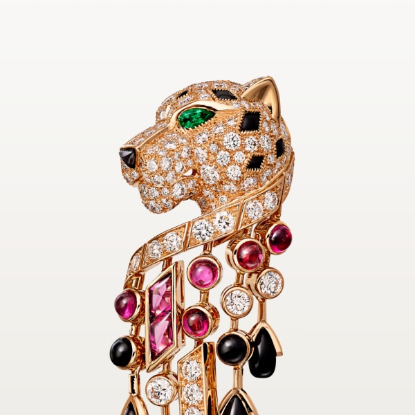 Panthère de Cartier耳环 玫瑰金，祖母绿，缟玛瑙，红碧玺，钻石