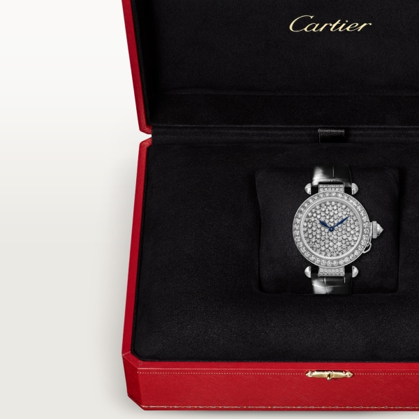 Pasha de Cartier watch 35mm, automatic movement, white gold, diamonds, leather