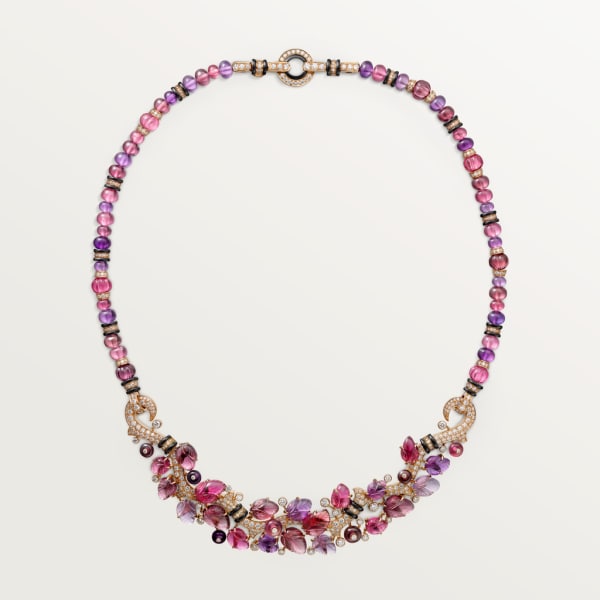 Necklace with engraved stones Rose gold, rubellites, amethysts, garnets, onyx, diamonds