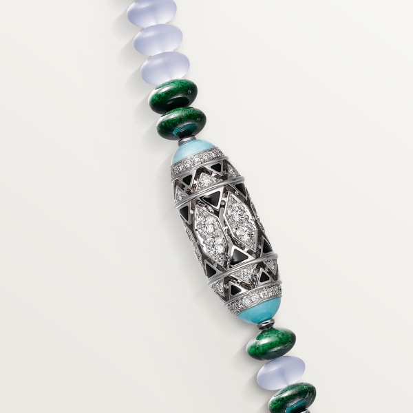高级珠宝项链 白金，玉髓，矽卡岩，绿松石，黑漆，凸圆形祖母绿，钻石