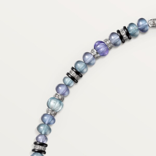 Necklace with engraved stones White gold, aquamarines, tanzanites, moonstones, onyx, diamonds