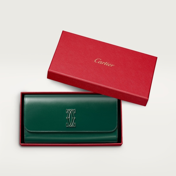 C de Cartier翻盖通用型皮夹 深绿色小牛皮，镀金和深绿色珐琅饰面
