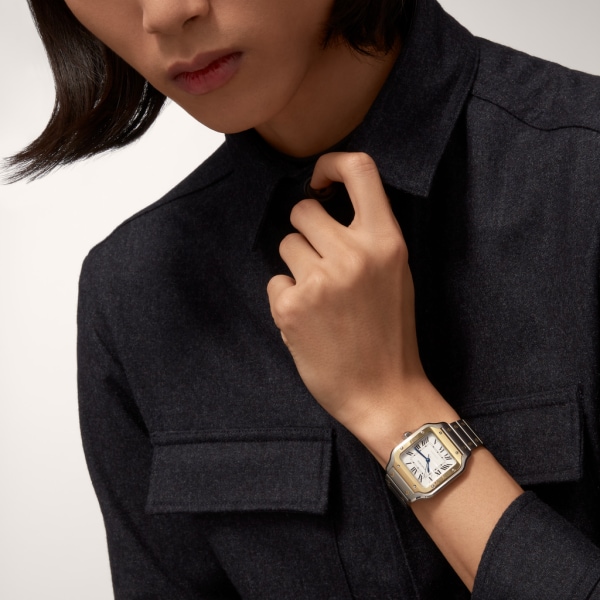 Santos de Cartier腕表 中号表款，自动机芯，18K黄金与精钢，可替换式金属表链与皮表带