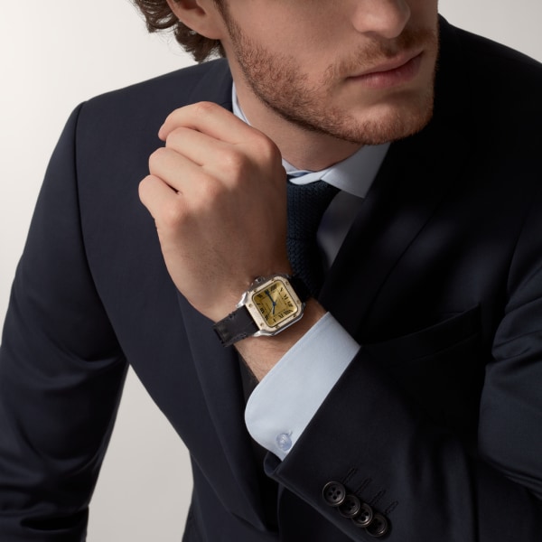 Santos de Cartier腕表 中号表款，自动上链机芯，18K黄金，精钢，钻石，可替换式金属表链与皮表带