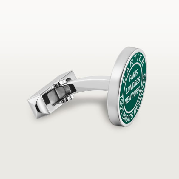 Double C de Cartier cufflinks with Stamp motif in silver and green lacquer. Sterling silver, palladium finish, green lacquer.