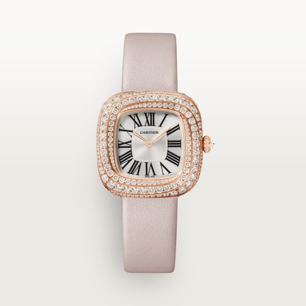 Coussin de Cartier watch Medium model, quartz movement, rose gold, diamonds, leather