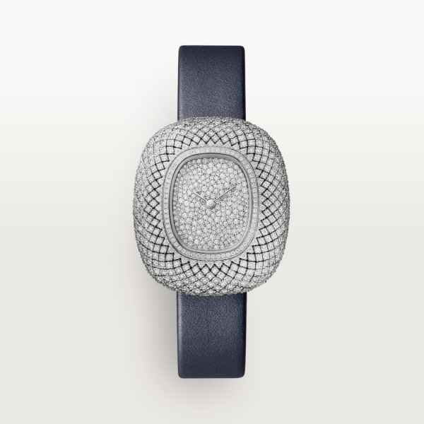 Coussin de Cartier腕表 中号表款，石英机芯，镀铑白金，钻石，皮表带