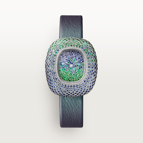 Coussin de Cartier watch Medium model, quartz movement, rhodium-finish white gold, diamonds, sapphires, tsavorites, emeralds, tourmalines, leather