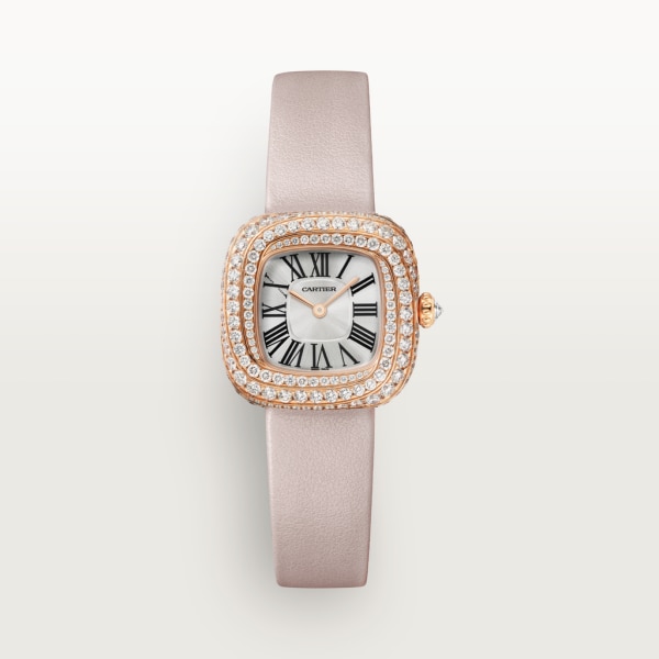 Coussin de Cartier腕表 小号表款，石英机芯，玫瑰金，钻石，皮表带